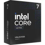 Intel Core Ultra 7 Processor retail box highlighting 20 cores, LGA 1851 socket, and unlocked performance.