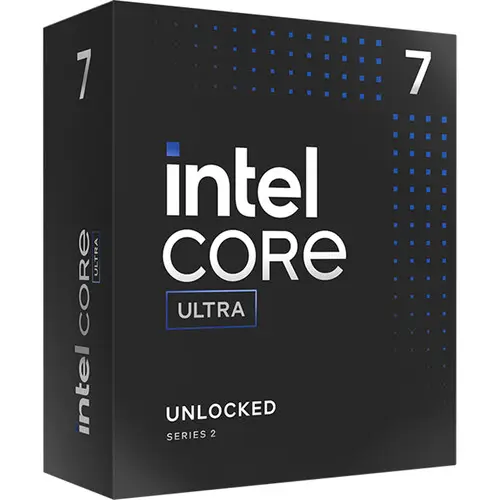 Intel Core Ultra 7 Processor retail box highlighting 20 cores, LGA 1851 socket, and unlocked performance.